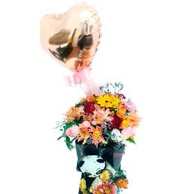 Box com mix de flores, coração metalizado, ursinho
